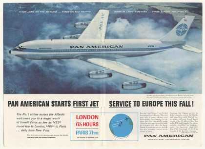 La doppia pagina pubblicitaria pubblicata per promuovere il primo volo transoceanico di PanAm, 1968. Mostra il gigantesco aereo modello clipper di Boeing acquistato da PanAm per questo scopo.